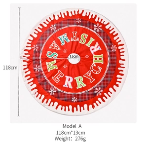 Detailed view of 118cm red Christmas tree skirt with Merry Christmas text and snowflake pattern