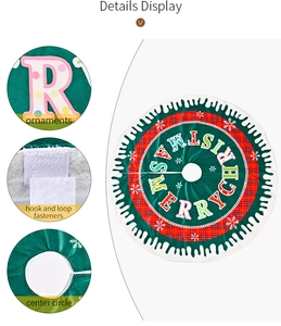 Detail of Christmas tree skirt with Merry Christmas text, plaid fabric, and velcro closure