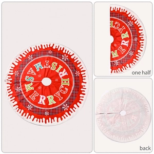 Detail view of red Christmas tree skirt showing front print and back texture material