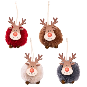 Set of four plush lamb wool reindeer Christmas tree ornaments in various festive colors