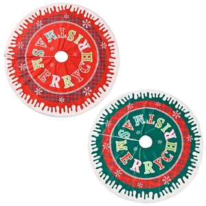Red and green Christmas tree skirts with snowflake patterns and Merry Christmas text