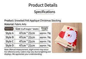 Detailed size chart for Christmas stockings with Santa embroidery and pom pom trim