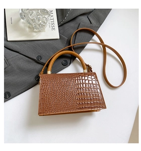 Detailed close-up of brown crocodile pattern small square bag with gold hardware