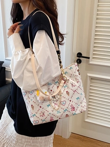 Chic cartoon pattern tote bag with gold chain and pearl charms for women