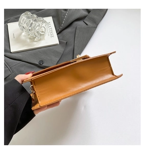 Close-up of tan leather bag with gold hardware detail and a smooth finish