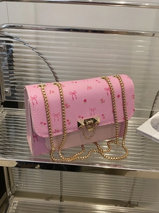 Sac À Épaule Femme Cuir PU Petit Sac Bandoulière Carré Avec Imprimé Cerise Nœud Chaîne Dorée Fermoir Métallique Style Doux