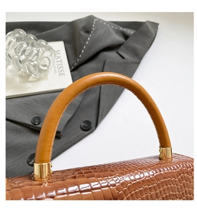 Detailed shot of brown crocodile embossed leather handbag with golden hardware