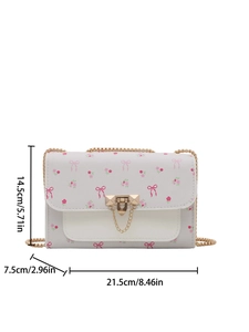 Sac bandoulière blanc à fleurs avec nœuds roses et chaîne dorée, 21,5x14,5x7,5 cm