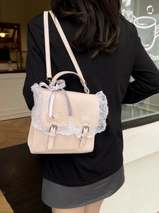 Borsa a tracolla rosa stile Lolita in pelle PU con bordo in pizzo e fiocco decorativo