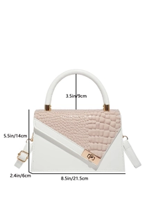 Elegant two-tone faux crocodile handbag with top handle and crossbody strap dimensions