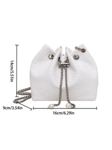 White woven bucket bag with pearl accents and silver chain strap for women