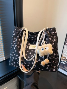 Women Fashion Bow Print Quilted Tote Bag Lightweight PU Fabric Shoulder Bag Large Capacity Daily Commute Underarm Handbag