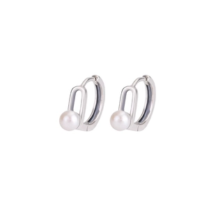 Minimalist silver oval hoop earrings with elegant white pearls for women fashion