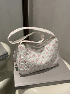 Sac Sous Le Bras Doux Imprimé Nœud Rose Pour Femme Sac À Épaule Hobo Matelassé Jacquard En Forme De Croissant À Fermeture Éclair