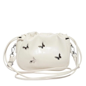 French style white leather chain bucket bag with butterfly accents and drawstring design