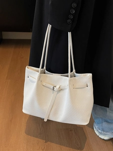 French style cream white large tote bag with woven texture and long shoulder straps