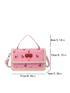 Borsa rosa con motivo a ciliegie, dimensioni e fibbia a ciliegia in strass 3D