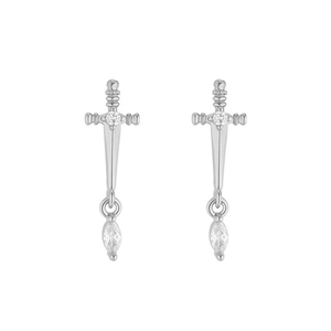 Sword-shaped silver earrings with sparkling zircon crystals and a unique dagger design