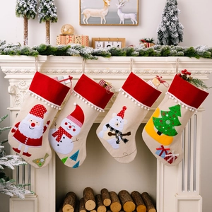 Christmas Stockings Burlap Linen Applique Embroidery Pom Pom Trim Festive Holiday Hanging Ornaments Home Fireplace Decor