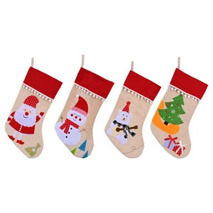 Set of 4 Christmas stockings with burlap texture, red velvet cuffs and 3D cartoon appliques