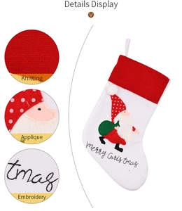Detail view of knitted Christmas stocking featuring Santa applique and Merry Christmas embroidery