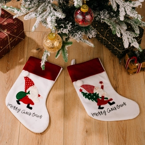 Set of 2 white Christmas stockings with Santa embroidery and Merry Christmas text