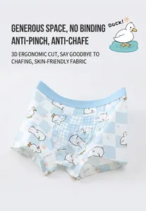 Detail of 3D ergonomic pouch on boys' plaid boxer briefs with cartoon duck pattern