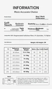 Size guide for boys' breathable ice silk mesh boxer briefs with material components