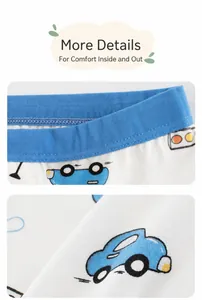 Detail of high-elastic waistband and fine stitching on boy's cartoon car cotton underwear