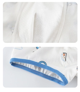 Detail of boys' knit cotton boxer briefs showing inner lining and blue hem stitching