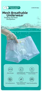 Detail of light blue mesh boys' boxers showing breathable cooling fabric and cartoon seal print
