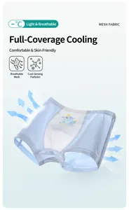Detail of breathable mesh fabric on boys' light blue boxer briefs with seal cartoon print