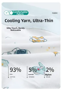 Detail of breathable cotton fabric with astronaut print and 93% cotton material spec