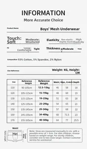 Detailed size chart for boys' mesh cotton boxer briefs including measurements for all sizes
