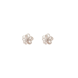 Elegant hollow floral stud earrings with silver metallic finish and intricate lace patterns