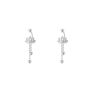 Lotus lotus flower earrings with silver tassels and solid bead charms in minimalist style