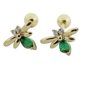 Gold bee stud earrings with green pear-shaped zircon and screw back for women