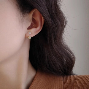 Elegant pearl stud and gold pave crystal ball earrings set for a stylish layered look