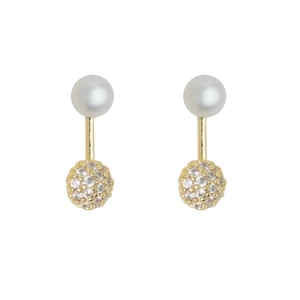 Elegant pearl and micro-pave zircon ball earrings in gold finish with two-way wear design