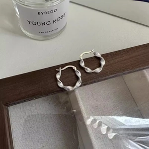 Silver Mobius twisted hoop earrings with vintage screw texture on a dark wood frame