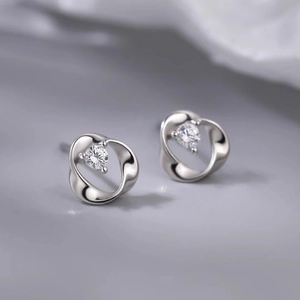 Mobius Ring Stud Earrings Copper Silver Earring Post With Round Zircon Minimalist Elegant Fashion Jewelry For Women