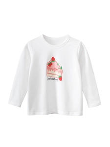 T-Shirt À Manches Longues Pour Filles Pur Coton Doux Col Rond Imprimé Gâteau Aux Fraises Top Décontracté Enfant