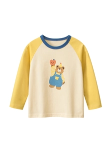 Maglietta a Maniche Lunghe in Cotone per Bambini Maniche Raglan Orso Cartone Animato Stampa Color Block Girocollo Top