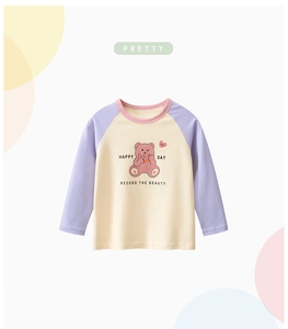 Detail of kids long sleeve raglan T-shirt with cartoon bear and Happy Day text