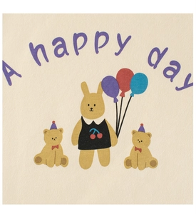 Macro detail of cartoon rabbit and bear print with A Happy Day text on cotton fabric