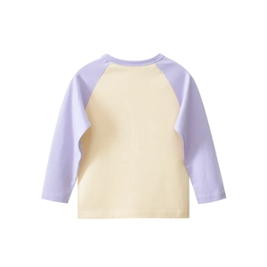 Detail of kids long sleeve raglan T-shirt with yellow body and lavender purple sleeves
