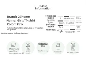 Détails du tissu 100% coton et symboles d'entretien pour t-shirt rose à manches longues fille