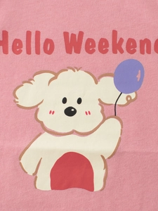 Pink long-sleeve T-shirt for girls featuring a cute cartoon dog and Hello Weekend print