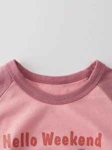 Pink raglan long sleeve T-shirt for girls with Hello Weekend slogan print