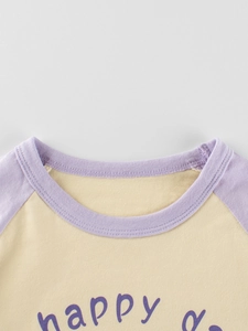Girls' yellow and purple raglan long sleeve T-shirt with bear cartoon print and happy d text